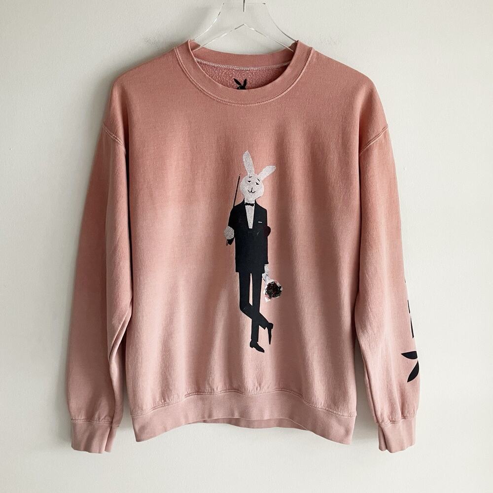 PLS READ Playboy Small Sweatshirt Pink Bunny Man Tuxedo Logo Spellout